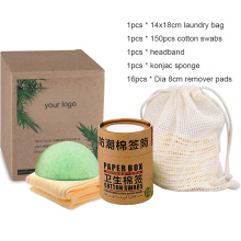 Hot Selling Unique 16pcs Makeup Remover Pads + Laundry Bag + Konjac Sponge + Cotton Swabs + Hairbands Cosmetic Remover Set